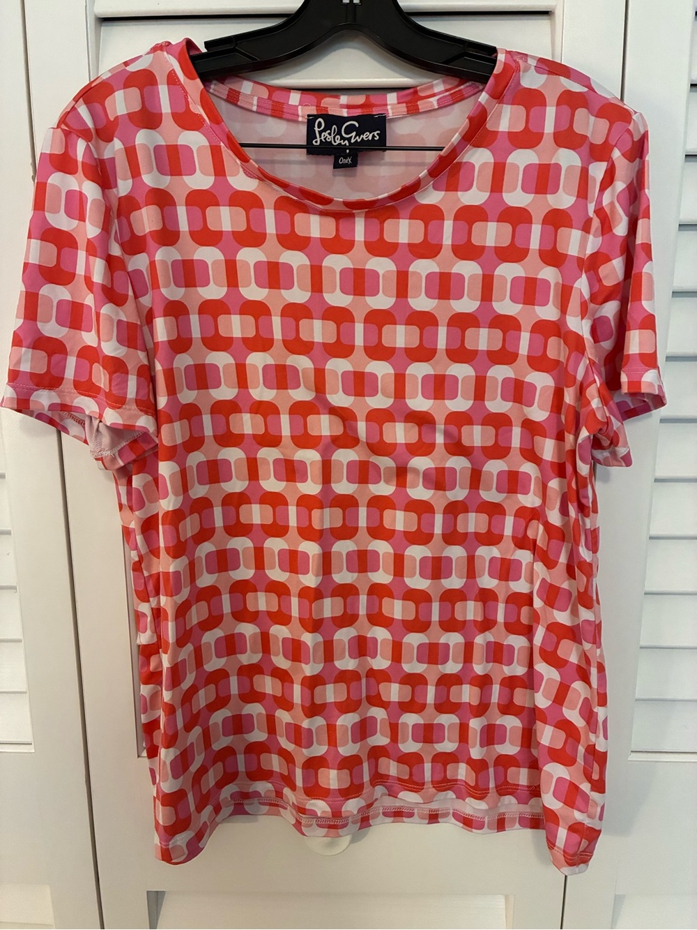 Lesley Evers Pink White & Orange Geometric Short Sleeve Top